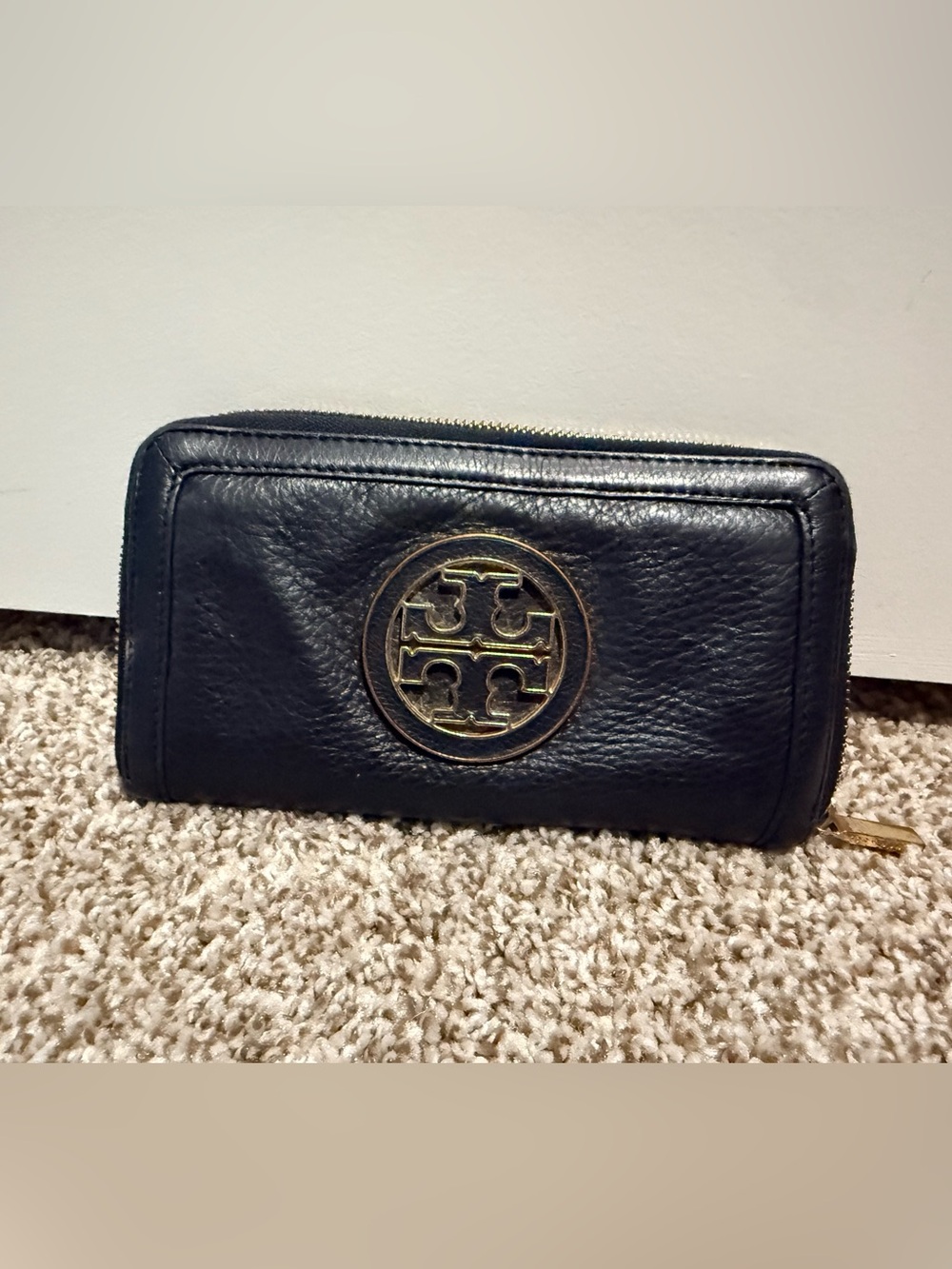 Tory Burch Black Leather Zip-Around Wallet with Gold Logo